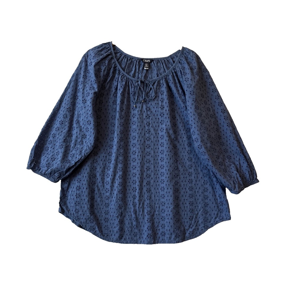 Chaps Blouse L Blue Cotton Eyelet Keyhole Tie Neck Peasant Top Cottagecore Boho